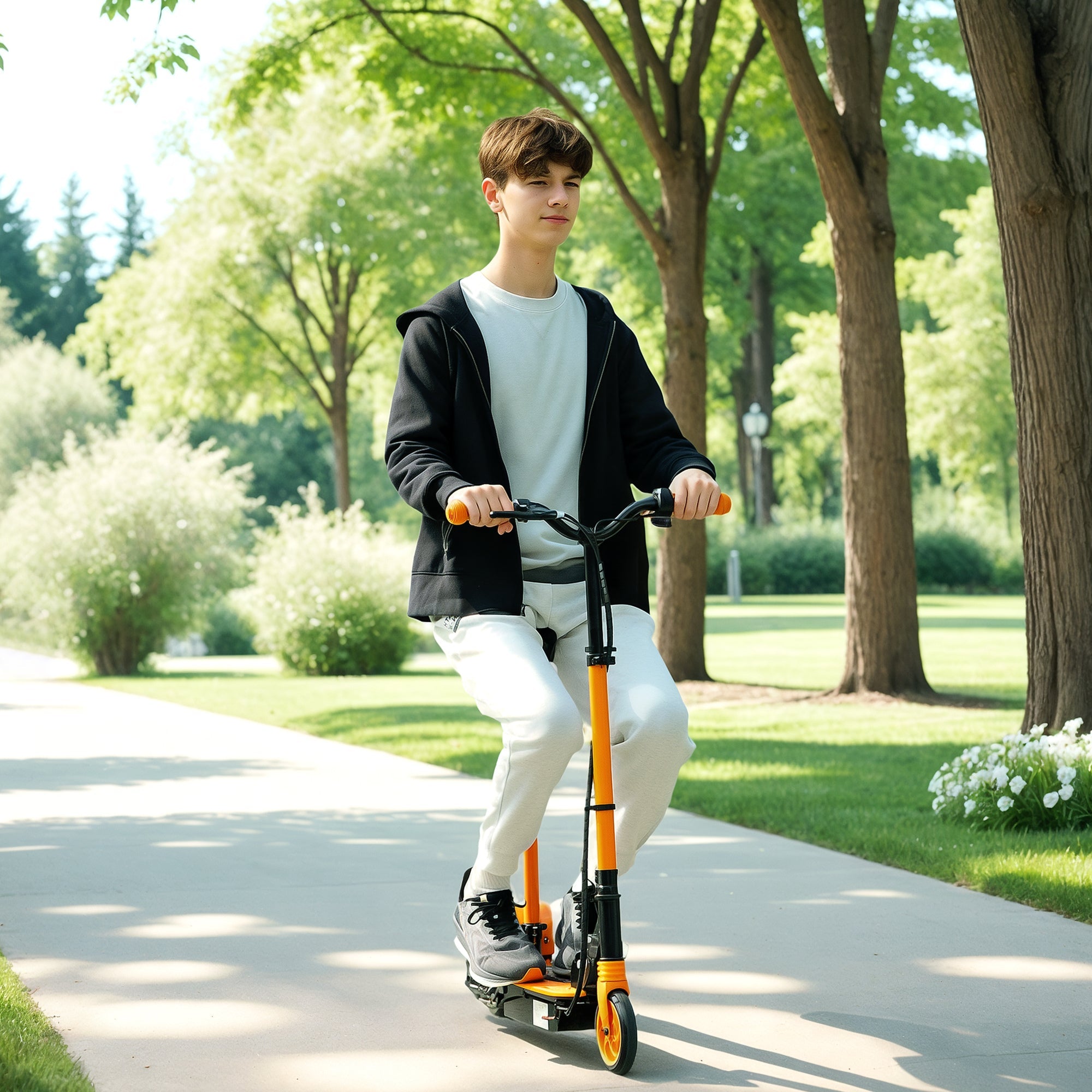 Soozier Foldable Electric Scooter for Kids Ages 6-14, with Seat and 2 Adjustable Heights, Max 6km Range & 12km/h, Orange 
