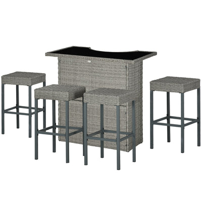 Outsunny 5 Pieces Patio Bar Set, Outdoor PE Rattan Wicker High Top Outdoor Table and Chairs Outdoor Bar Set with Tempered Glass Top Bar Table and Shelves, 4 Bar Chairs, Grey 