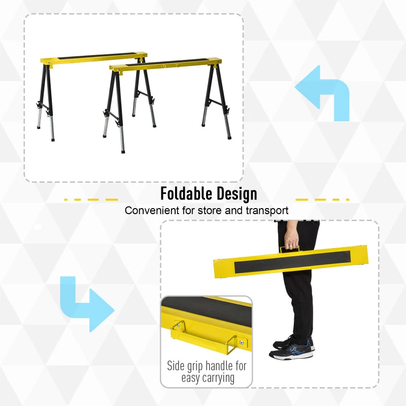 Saw Horse Twin Pack Folding Workbench Adjustable Metal Trestle Stands Yellow