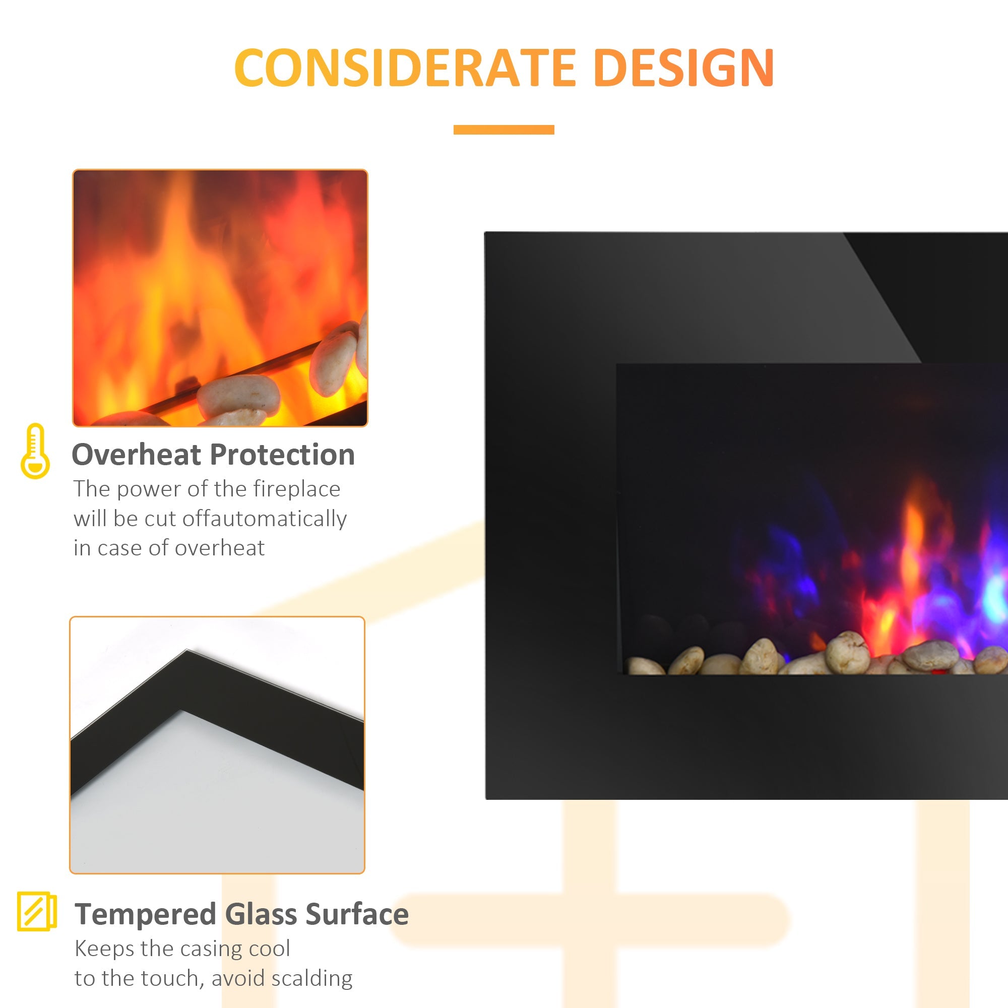 HOMCOM 28.5" Wall Mounted Electric Fireplace Heater with 7 Color Light, LED Flame Effect and Remote Control, 750W/1500W, Black 