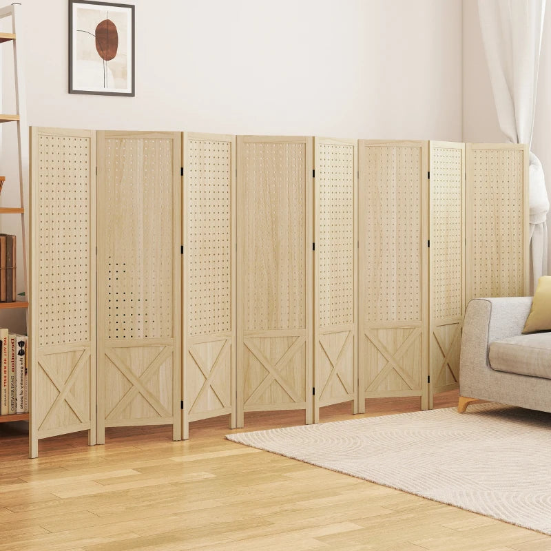 Wooden Room Divider with Pegboard Display, 8 Panel Folding Privacy Screen for Home Office, Natural Wood