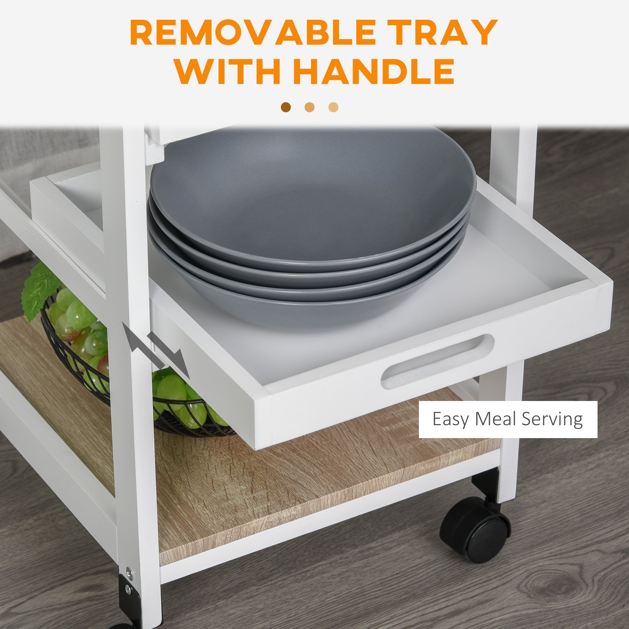 HOMCOM White Rolling Kitchen Cart: Mobile Utility Island with Storage Drawer, Wire Basket & Tray Versatility 
