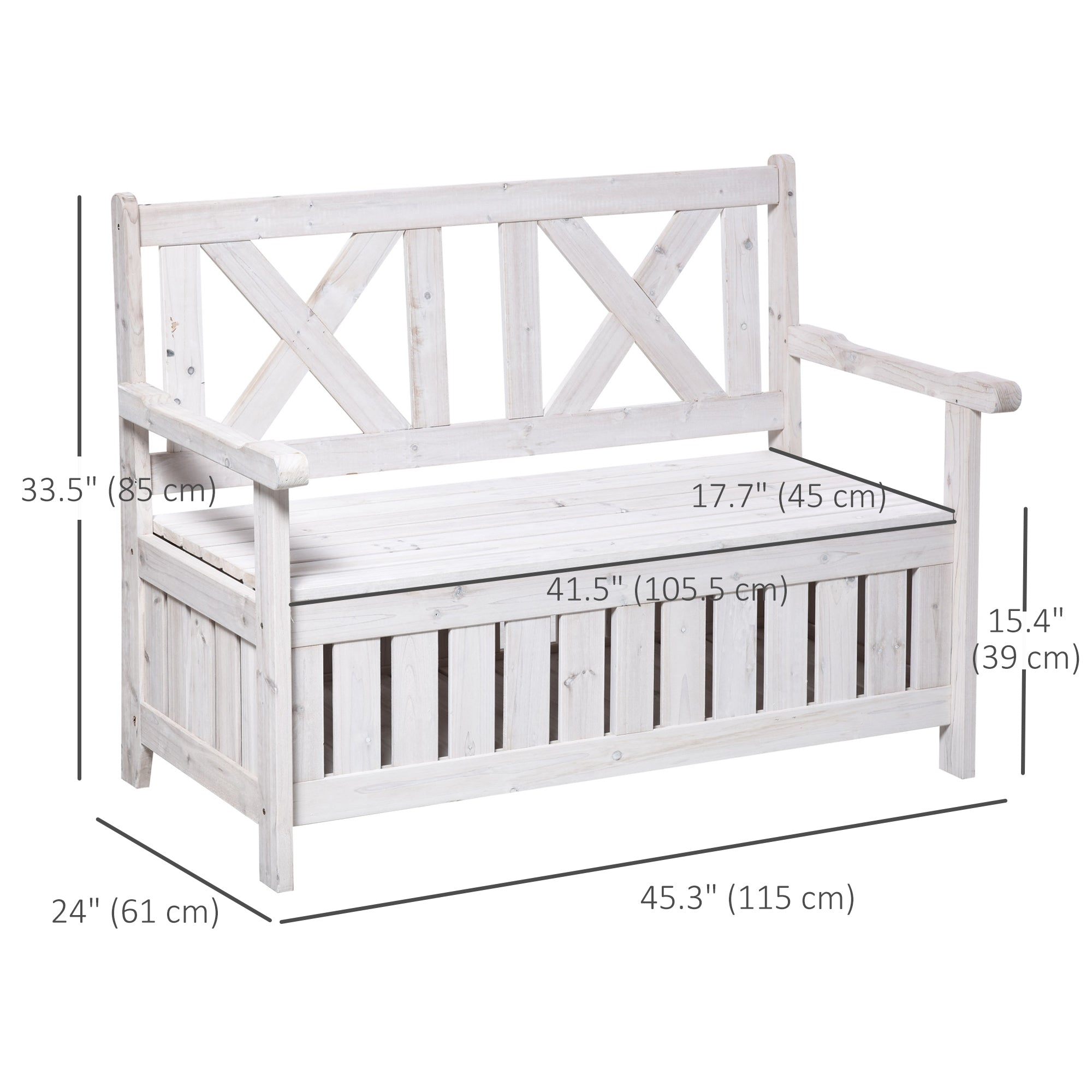 Outsunny Wooden Outdoor Storage Bench 2-Person Patio Bench with Louvered Side Panels and X-Shape Back for Garden, Patio, White 