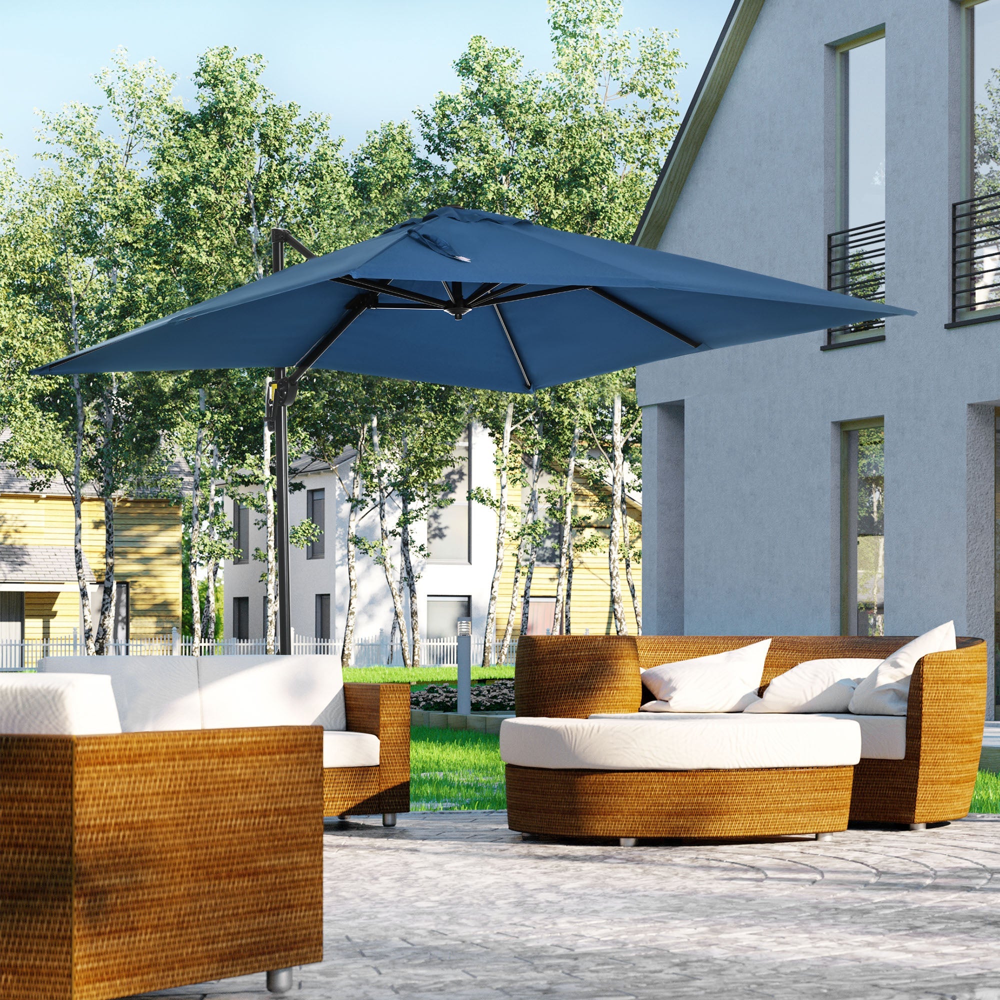 Outsunny Square Patio Hanging Offset Umbrella 8' x 8' Aluminum Cantilever Crank Market Parasol 360° Rotation Cross Base Dark Blue 