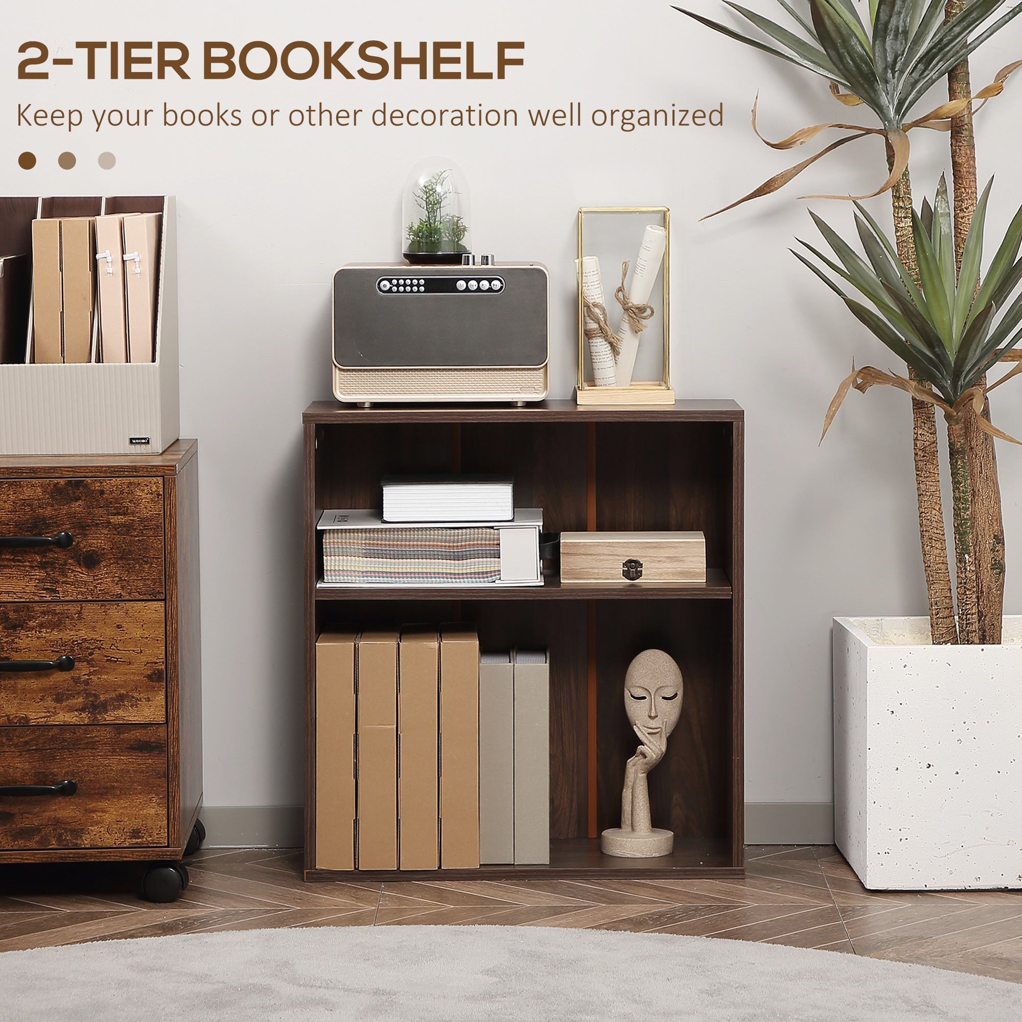 HOMCOM Minimalist Bookshelf Accent: 2-Tier Walnut Wood Display Shelf for Home Office, Simple & Stylish Design 