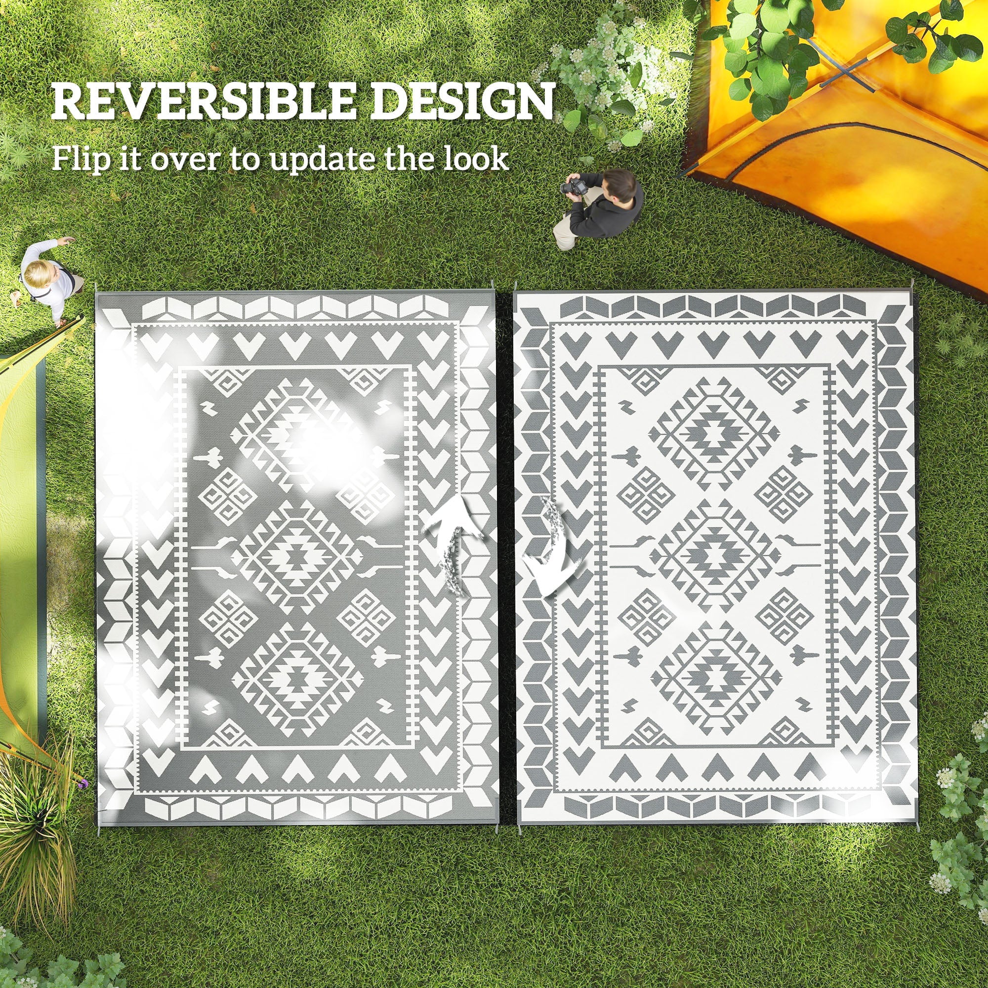 Outsunny 9' x 12' Outdoor RV Rug, Reversible Patio Floor Mat with Carry Bag, Rhombus Patchwork, Grey and White 