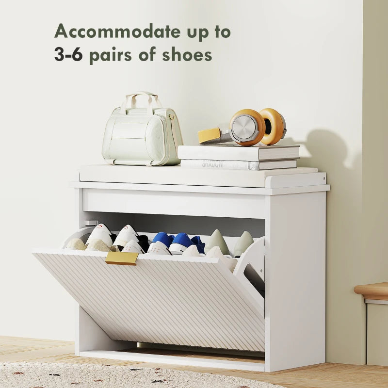 Entryway Bench with Padded Seat and Flip-Drawers, Holds up to 265lbs, Shoe Storage Bench for 6 Pairs of Shoes, White
