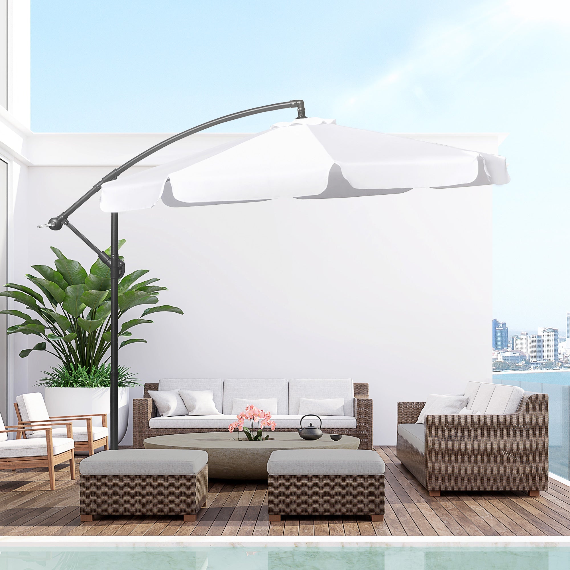 Outsunny 9FT Offset Cantilever Patio Umbrella: White Easy Tilt Cross Base 8 Ribs Durable Outdoor Shade 