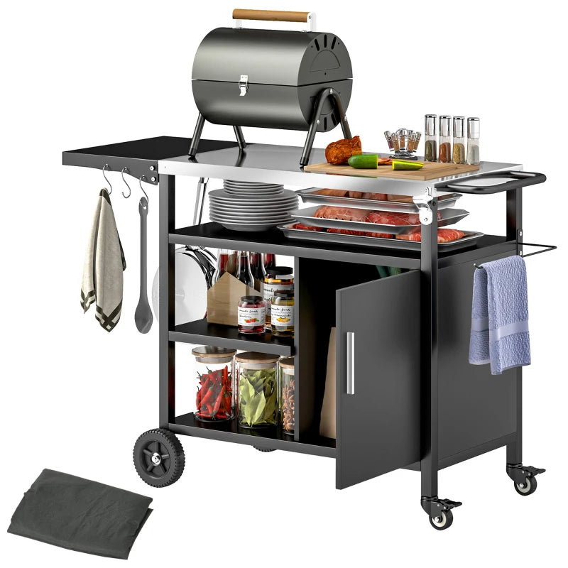 Outdoor BBQ Stand with Foldable Side Table, Stainless Steel Top, Pizza Oven Table with Wheels Hooks Shelves