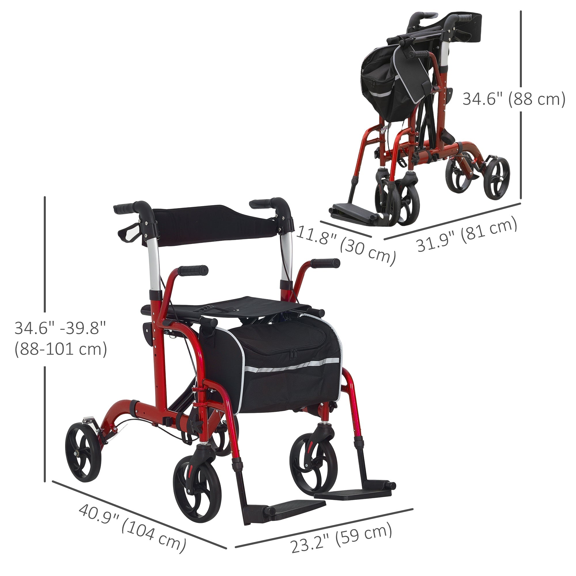 HOMCOM Rollator Walker with Seat, Folding Rolling Walker with 8" Wheels, Walker for Seniors with Adjustable Height, Red 