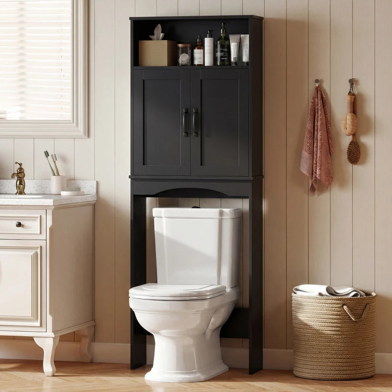 Over the Toilet Storage Cabinet Freestanding Bathroom Organizer with 2 Doors and Open Shelf Black