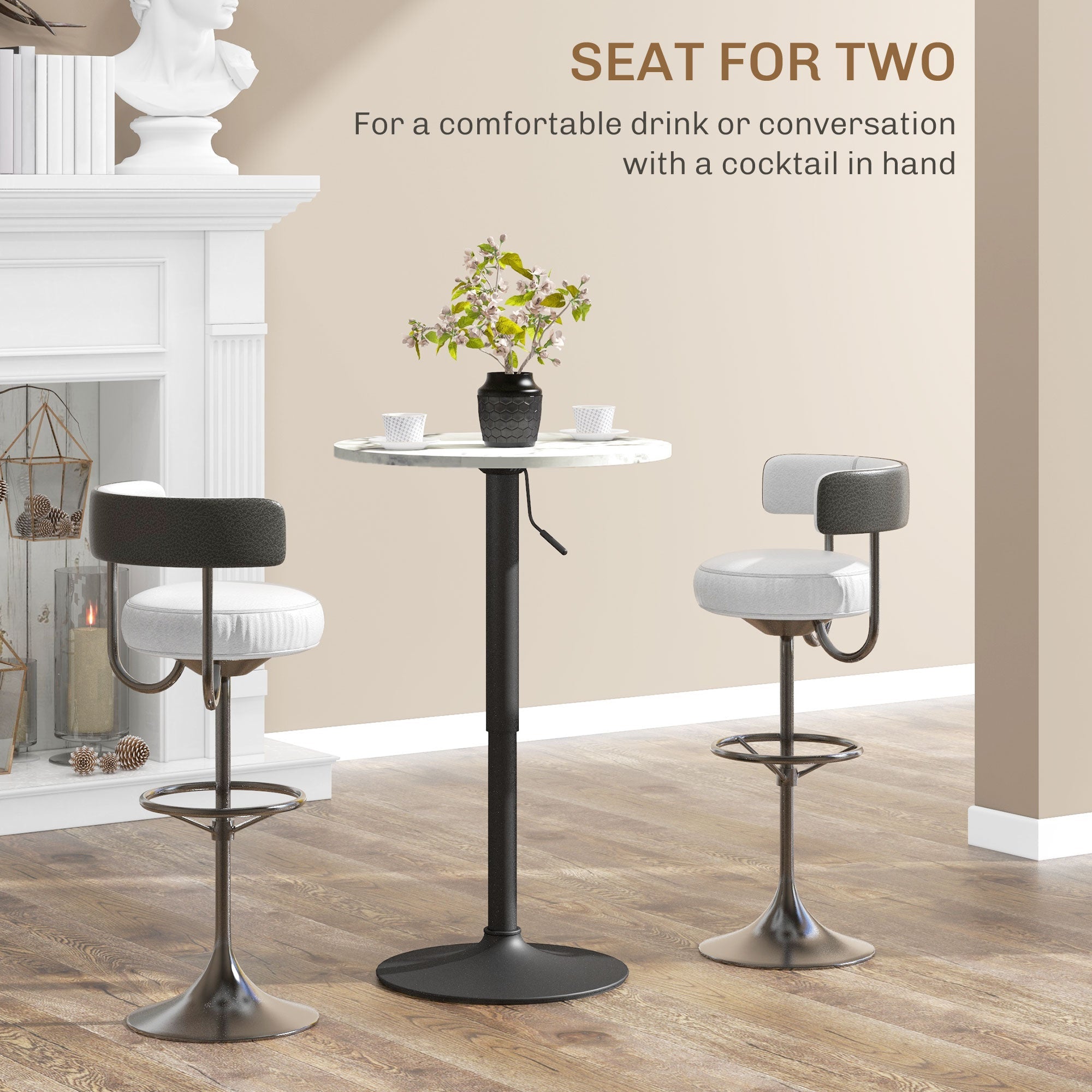 HOMCOM Adjustable Bar Table for 2, Round Pub Table with Steel Base for Home Bar, Small Dining Room, White Marble 