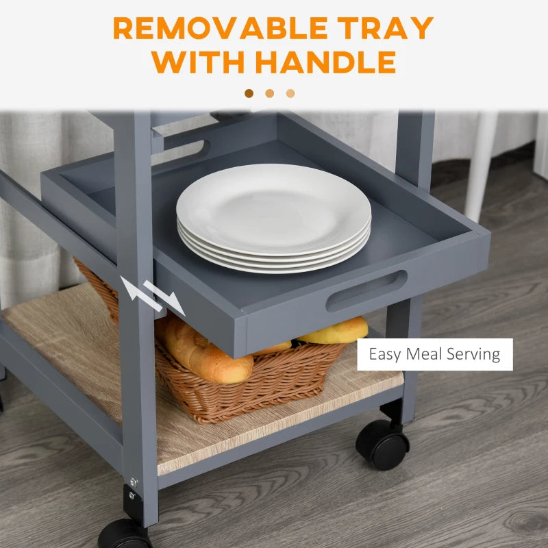 Rolling Kitchen Island Cart, Mobile Utility Storage Cart with Drawer, Wire Storage Basket, Removable Tray, Grey