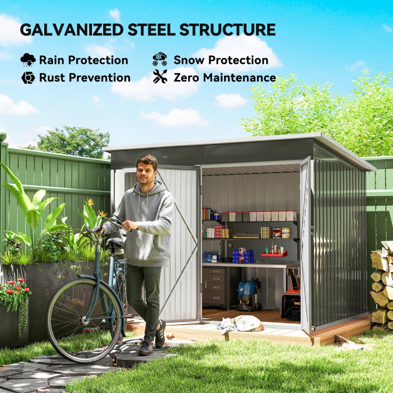 8.5' x 6' Galvanised Steel Outdoor Storage Shed, Garden Shed with Window, Lockable Wide Doors and Air Vents, Grey