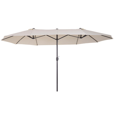 Outsunny 15ft Beige Twin Canopy Patio Umbrella Outdoor Sunshade with Steel Table Lift Crank for Spacious Shade 