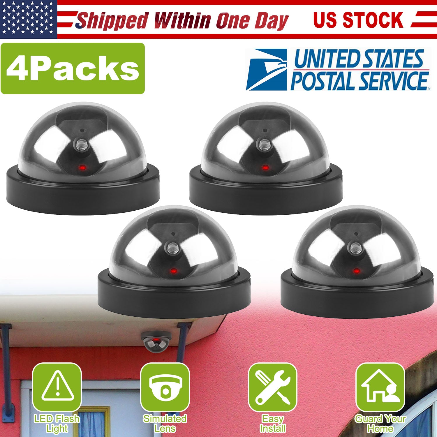 4Packs Fake Security Camera Dome Dummy Camera w/ Realistic Looking Flash LED Lights Simulated Surveillance Security for Home Shop Factory