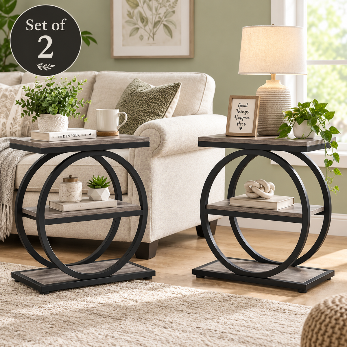 End Table 3-Tier Industrial Sofa Side Table with Round Metal Frame and Storage Shelves for Living Room Bedroom – Set of 1 or 2 – Gray