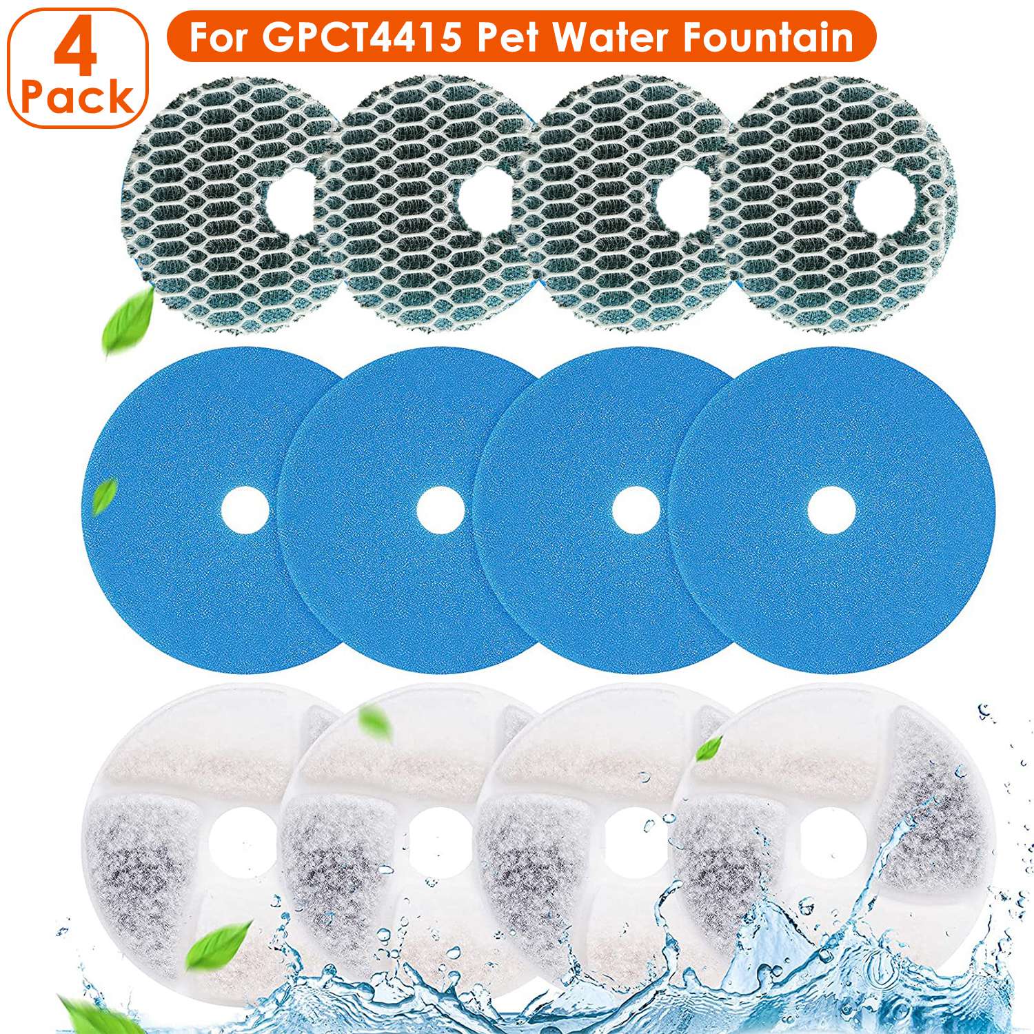 4 Pack Filter Set for GPCT4415 Pet Water Fountain Double Sponge Activated Carbon Ion Resin 8D Filter Cotton