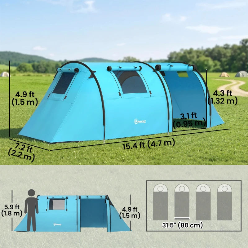 Outsunny 3-4 Person Camping Tent with 2 Rooms, 3000mm Waterproof Family Tunnel Tent with Carry Bag – Sky Blue