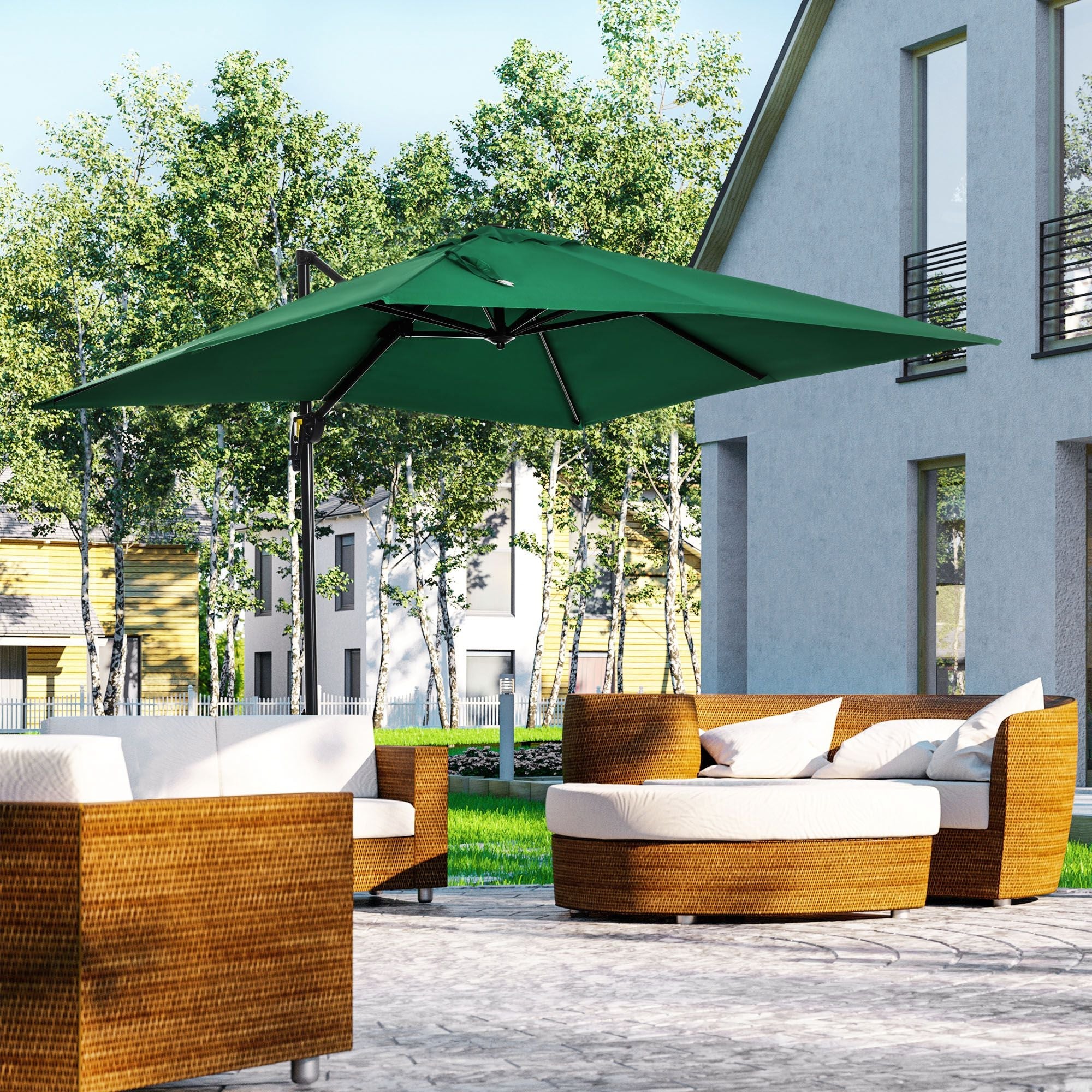 Outsunny Square Hanging Offset Patio Umbrella: 8'x8' Aluminum Cantilever Crank Parasol with 360° Rotation & Cross Base, Green 