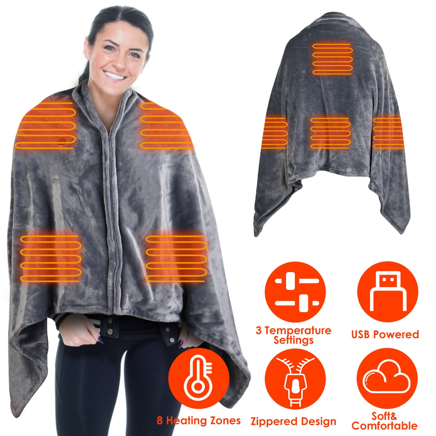 USB Heated Blanket Electric Heated Blanket Heated Poncho Shawl Wrap Throw with Zipper Washable for Home Office 59*31in