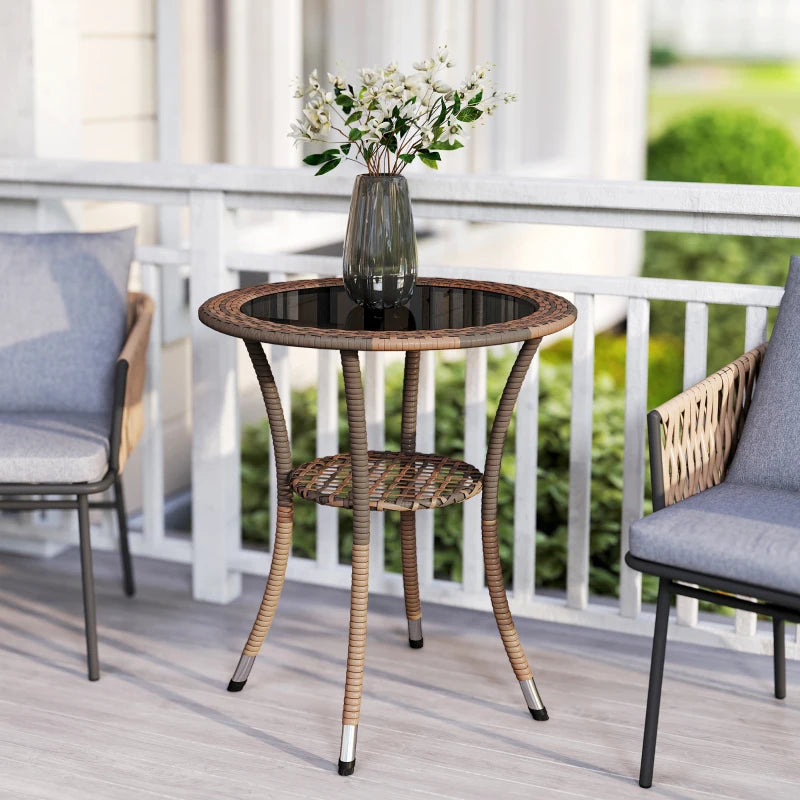 Outdoor Rattan Dining Table, Patio Wicker Round Coffee Table with 2-Tier Storage Shelf, Brown