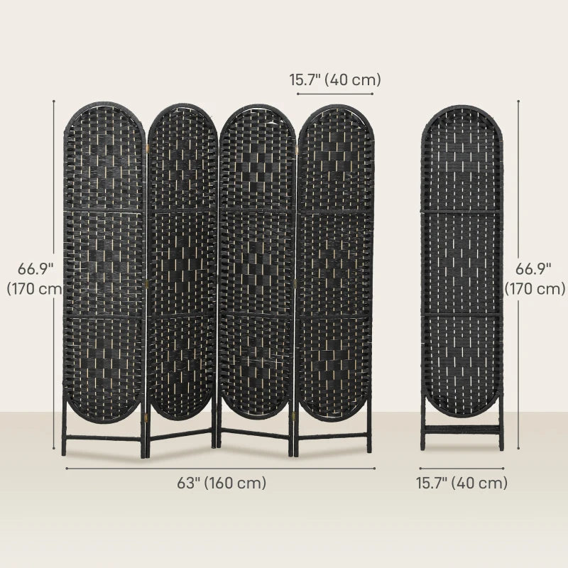 Bohemian Privacy Screen, Folding Room Divider with 4 Panels and Arched Top for Bedroom Living Room Office, Black