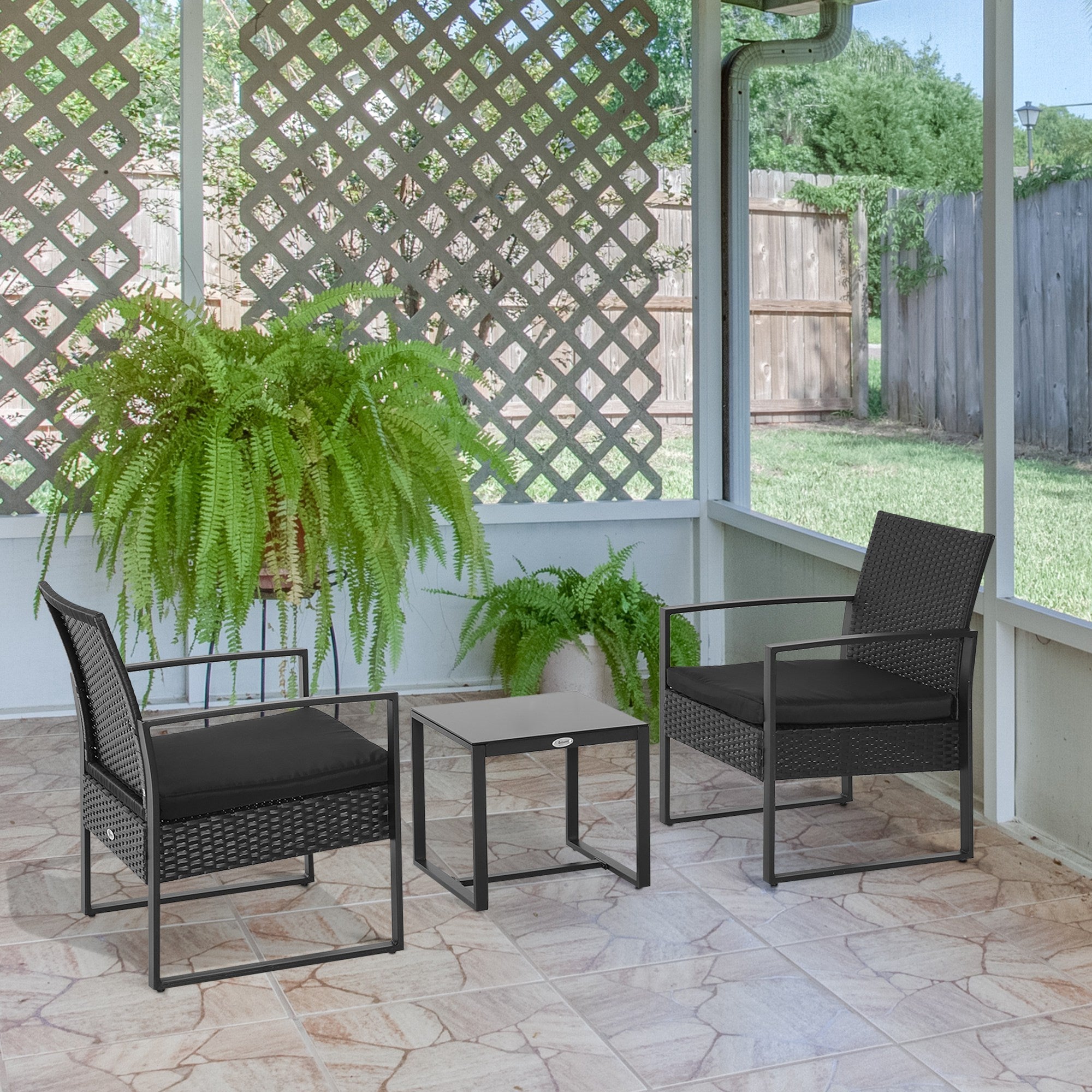 Outsunny 3 Pieces Patio Bistro Set, Outdoor PE Rattan Garden Porch Furniture w/ Cushioned Chairs & Tea Table Patio Furniture, Black 