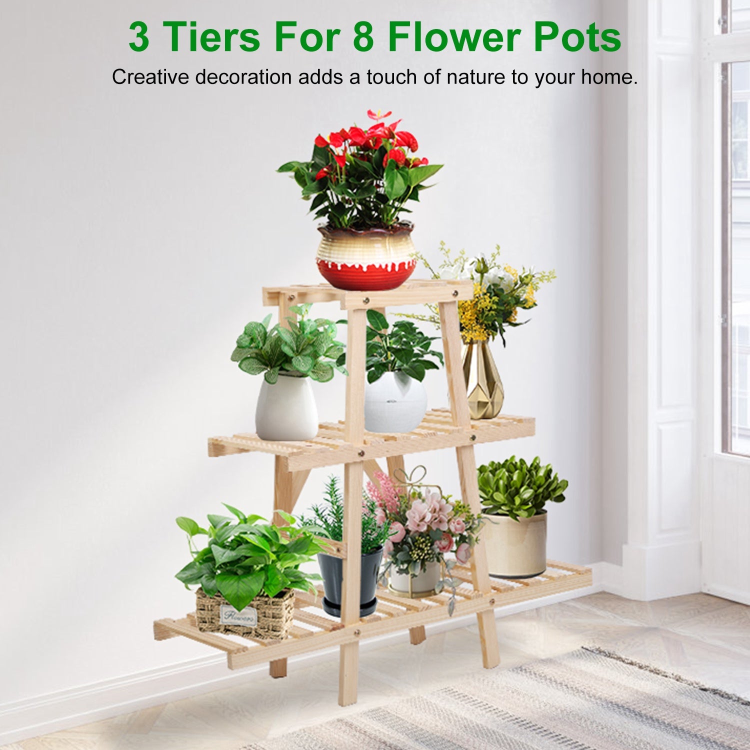 Wooden Plant Stand 3-Tier Potted Flower Shelf Multi-tier Flower Pot Rack Holder Triangle Ladder Plant Vase Display Rack 82lbs Max Load for Indoor Pati 