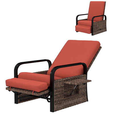 Outsunny Wicker Outdoor Recliner Chair, Reclining Lounge Chair with Adjustable Backrest, Footrest and Side Tray, Red 