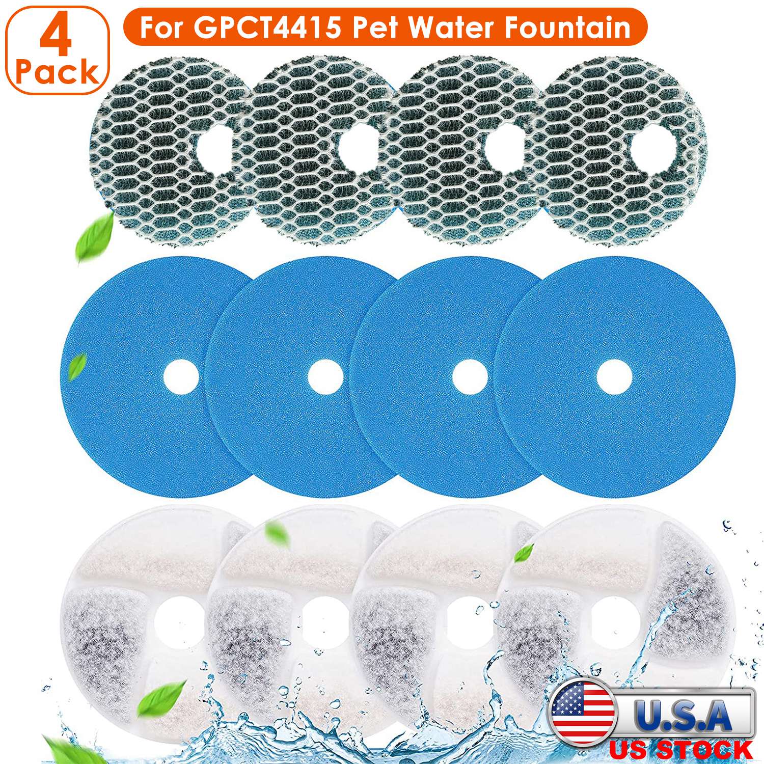 4 Pack Filter Set for GPCT4415 Pet Water Fountain Double Sponge Activated Carbon Ion Resin 8D Filter Cotton