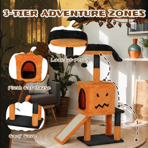 39.4 Halloween Cat Tree, Cat Tower Cat Tree For Indoor Cats With Spacious Cat Condo, Sisal Scratching Posts, Hanging Toys, Orange  Black 