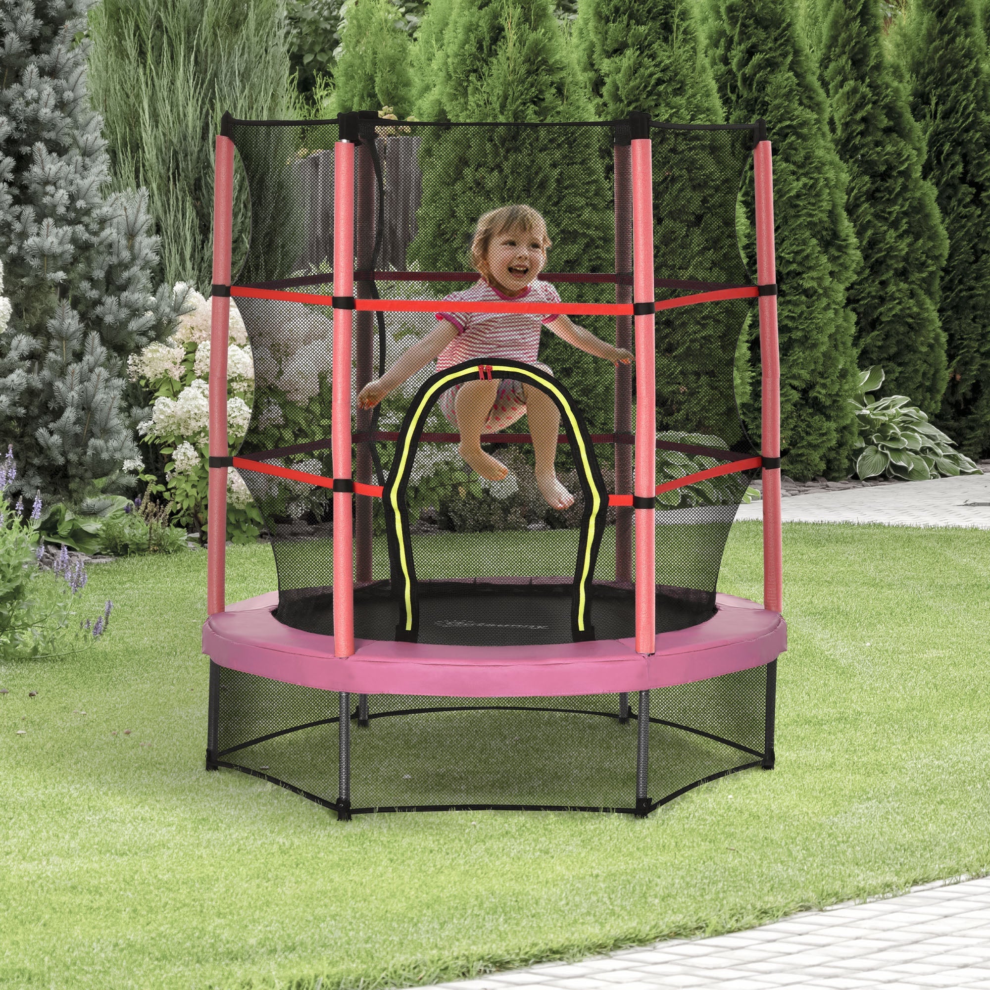 Outsunny 55" Kids Trampoline with Enclosure Net for Indoor/Outdoor, Trampoline for Boys and Girls Age 3-6 Years, Pink 