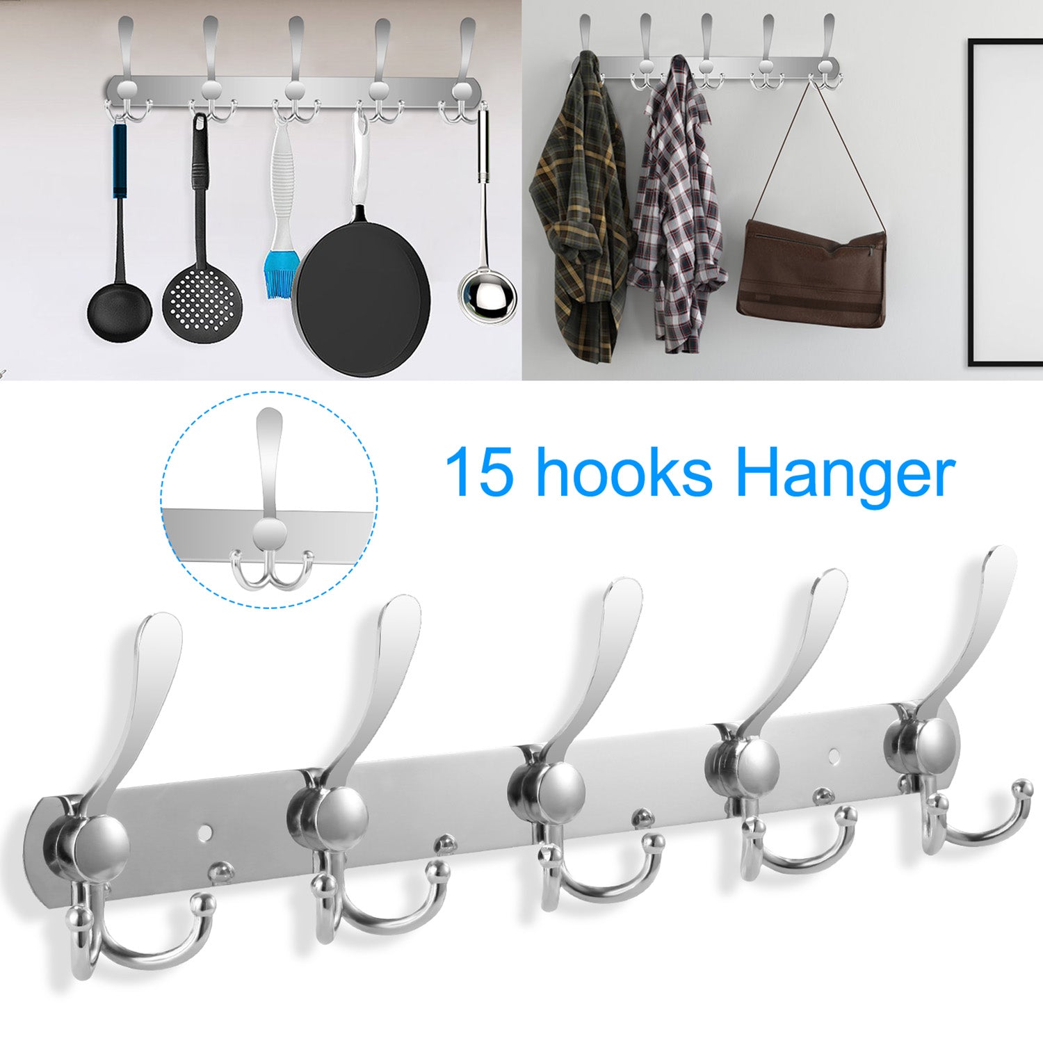 Wall Mount Coat Hook 15 Hooks Stainless Steel Clothes Hangers Rack Robe Hat Towels Hook Coat Rack Hook 