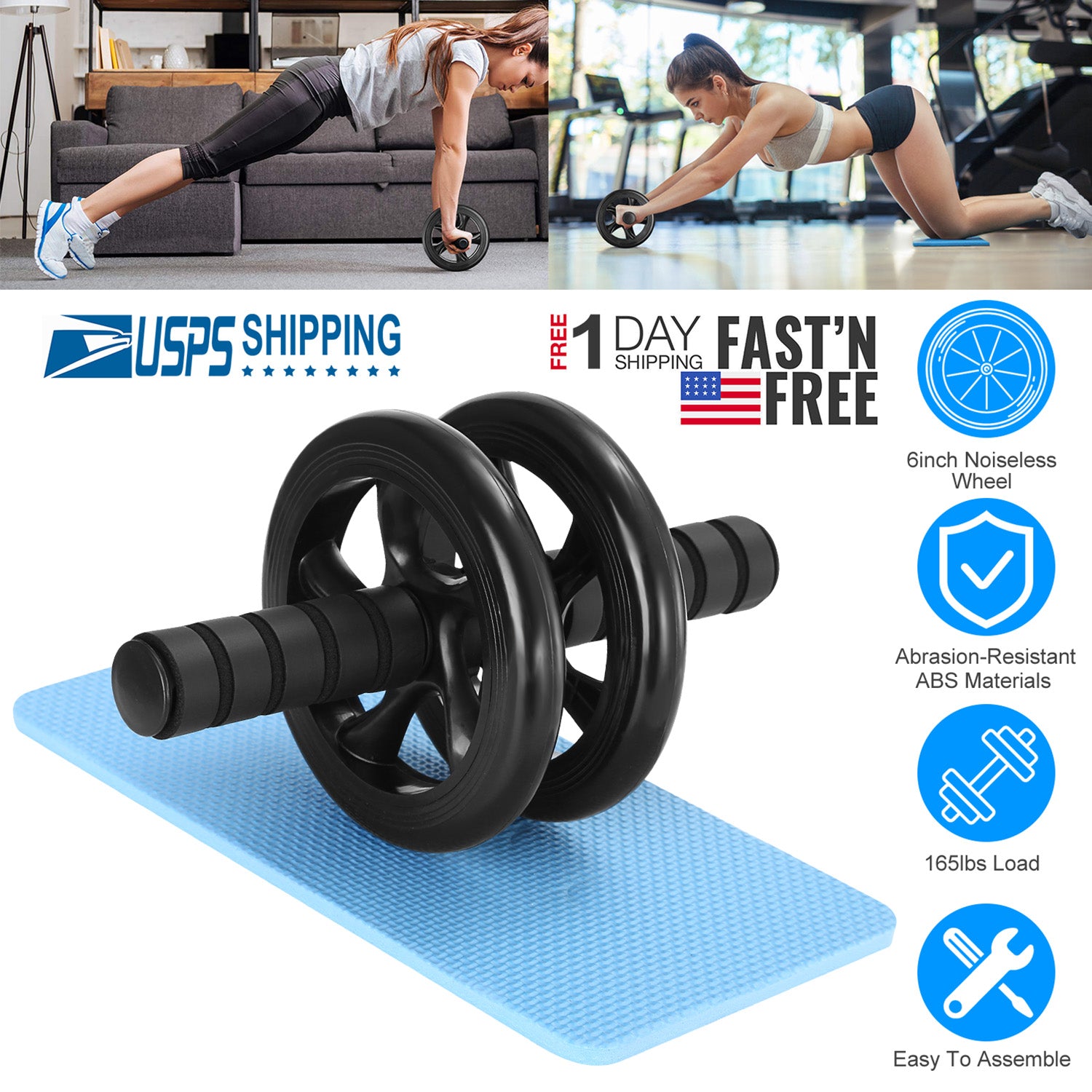 Ab Roller Wheel Fitness Exercise Wheel Roller w/ Knee Pad for Abs Workout Core Strength Exercise Home Gym 