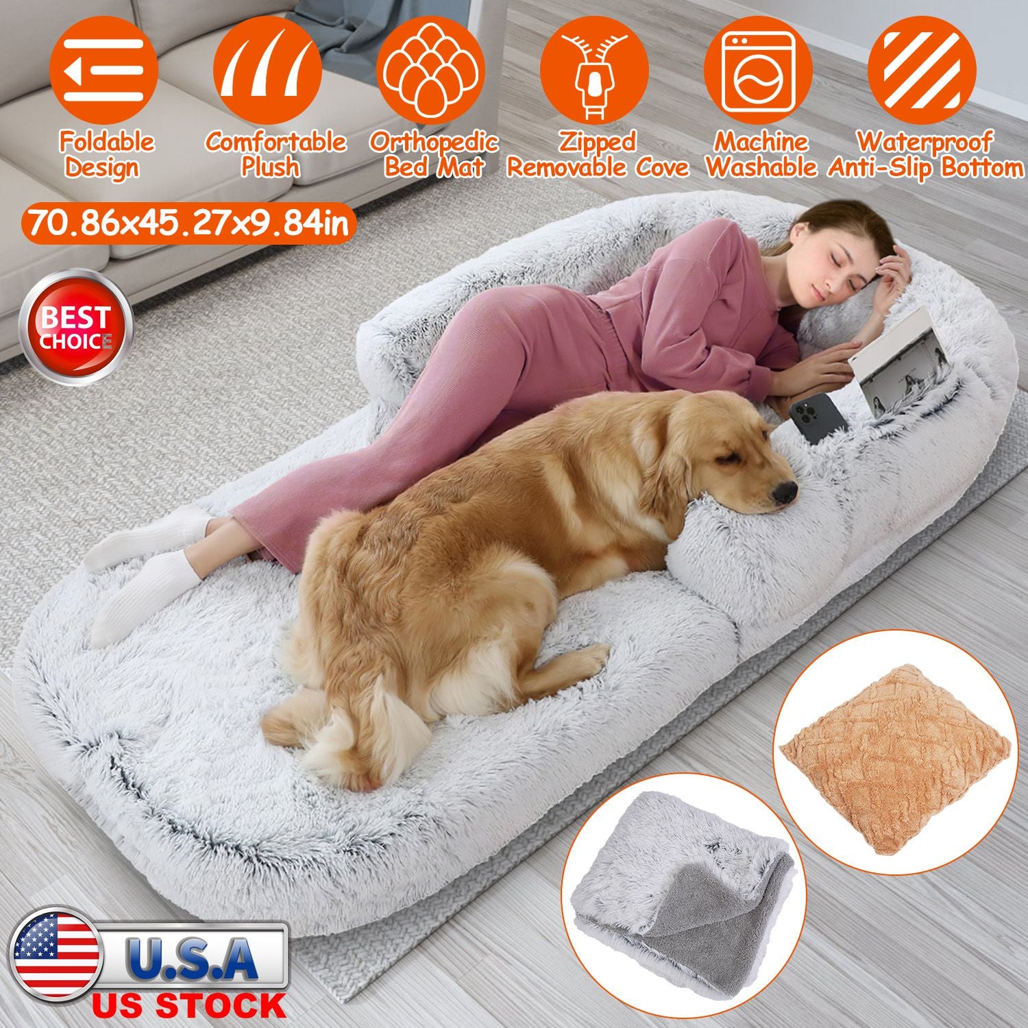 Large Foldable Human Size Dog Bed With Pillow Blanket Flurry Plush Napping Human-Sized Dog Bed Machine Washable Zipped Removable Cover For Pets Kids A