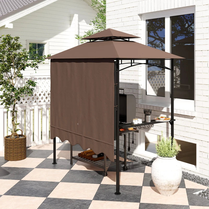 8' x 7.6' Grill Gazebo, Double Tiered Barbecue Grill Gazebo Shelter w/ Side Awning, 2 Side Shelves, 6 Hooks, Brown