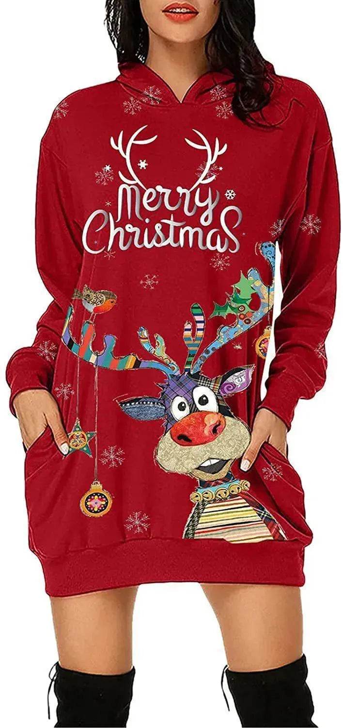 Women's Long-sleeved Christmas Hoodie Sweatshirt Dress Winter 