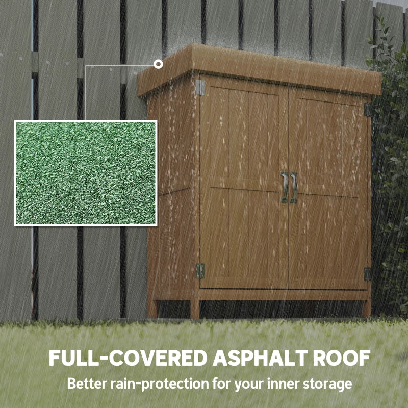 Wooden Garden Tool Storage Shed Kit with Hinged Roof, 2-Tier Shelves and Double Doors, 74x43x88cm, Natural Wood