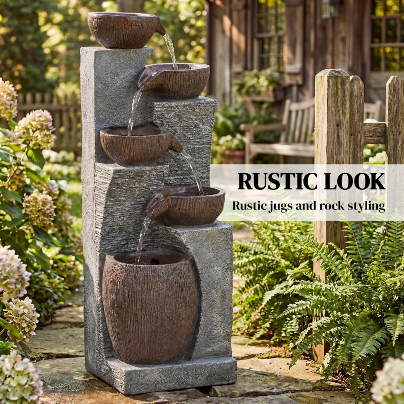 Outdoor Cascading Rock Water Fountain, 5-Tier Waterfall Feature with LED Lights, Adjustable Flow, Grey and Rustic Brown
