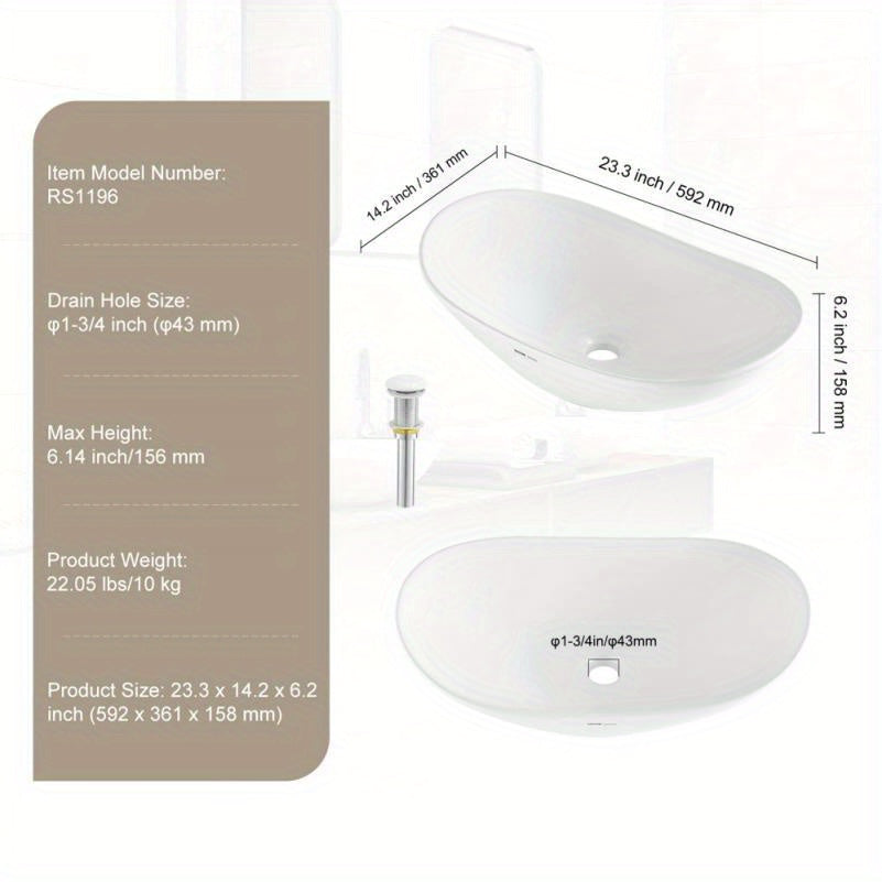 Modern Oval Ceramic Vessel Bathroom Sink | 23.3x14.2 Inch White Basin with Chrome Faucet | Contemporary Design for Home Decor | Smooth, Glossy Finish | Ideal for Stylish Bathrooms, Bathroom Decor And Accessories 
