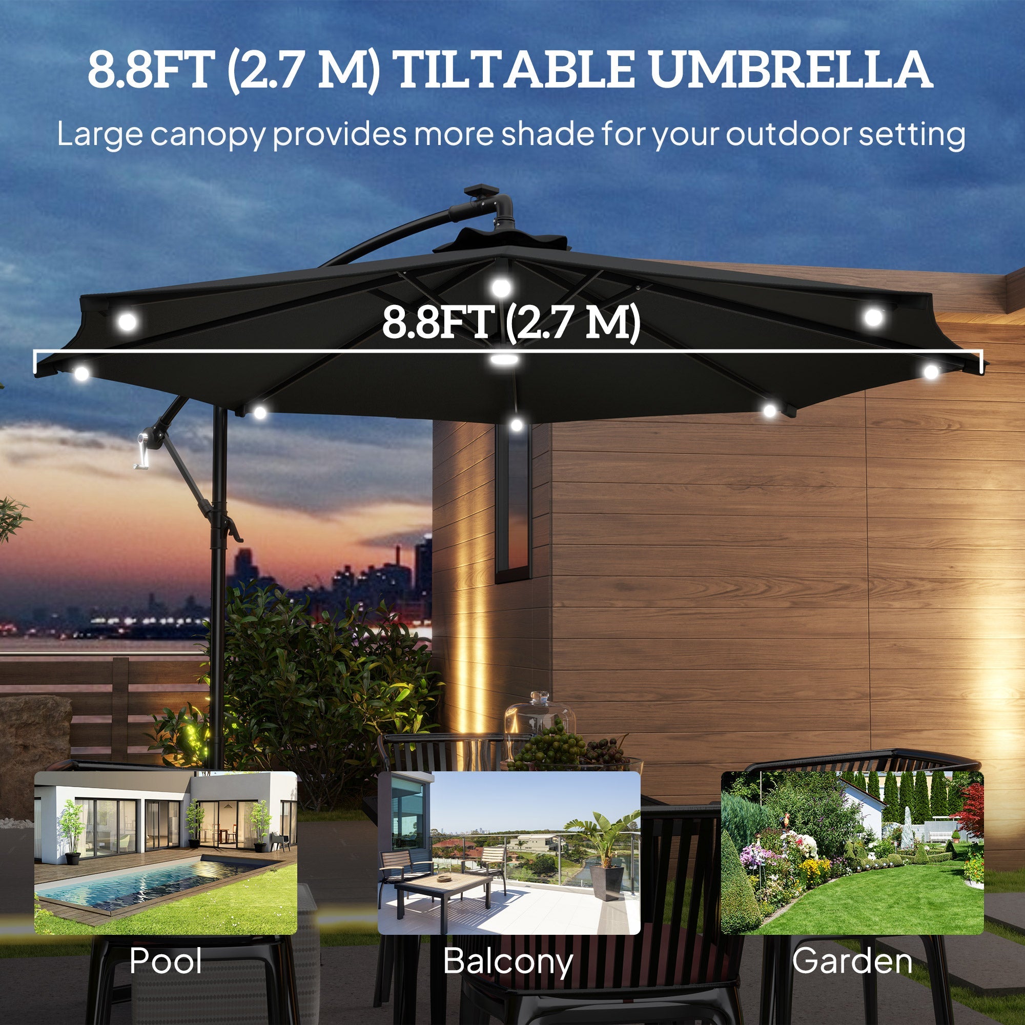 Outsunny 8.8FT Cantilever Patio Umbrella with Solar Powered LED Lights, Crank Handle, Cross Base for Outdoor Sun Shade, Grey 