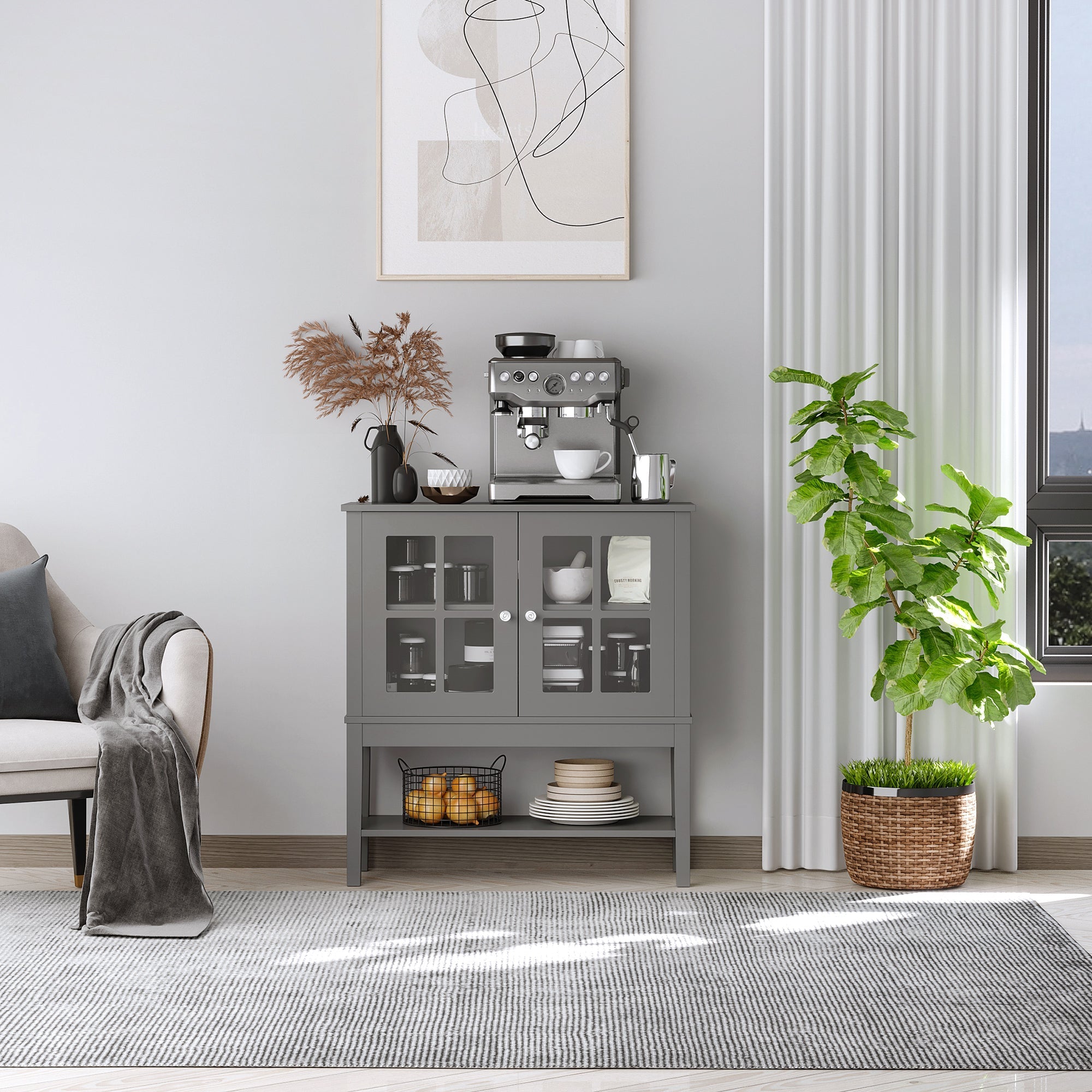 HOMCOM Contemporary Buffet Console: Modern Sideboard Bar Cabinet with Glass Doors, Kitchen Dining Room Furniture, Dark Grey 