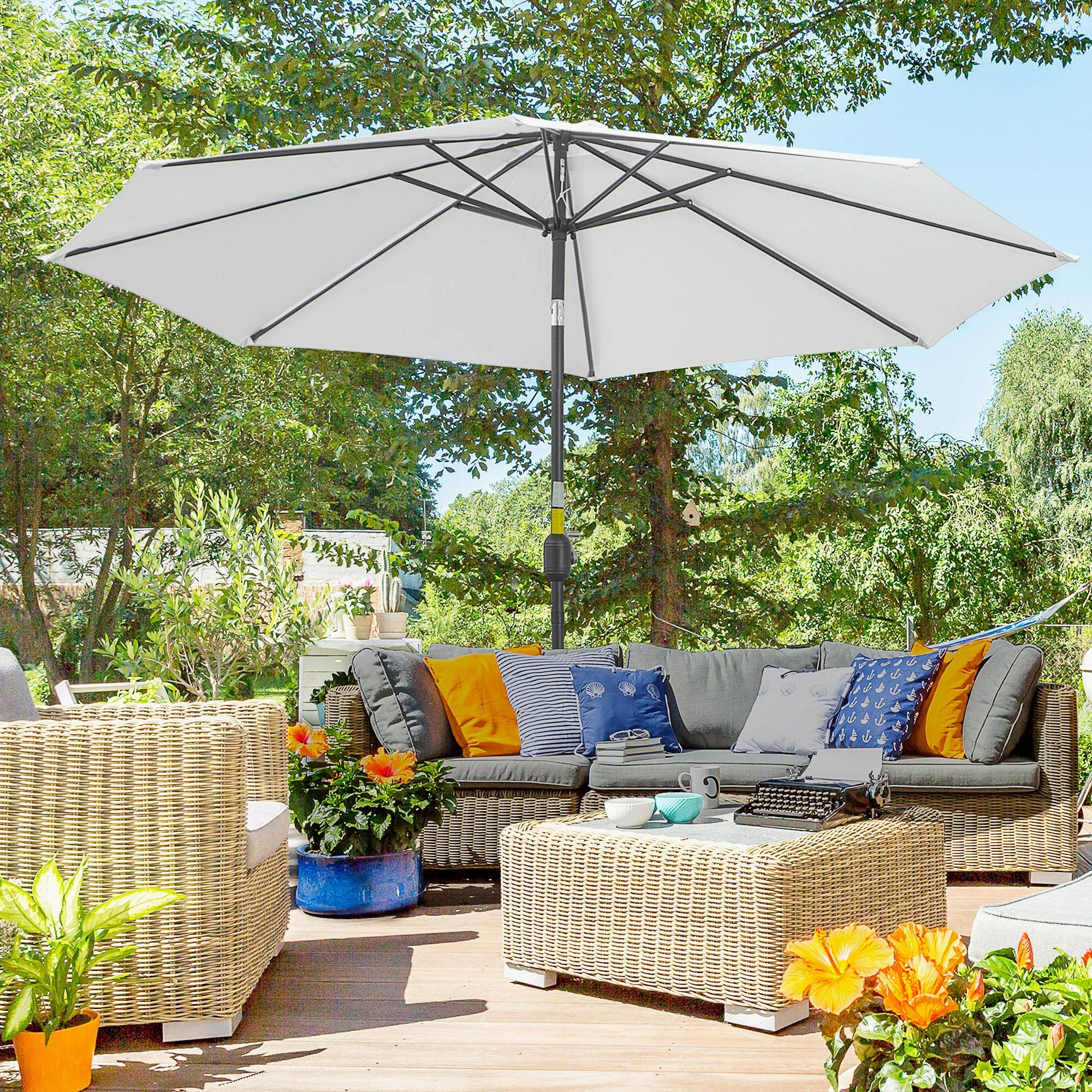 Outsunny Adjustable Patio Sunshade: 10ft Round Parasol with Crank and Tilt for Outdoor Garden Pool, White 