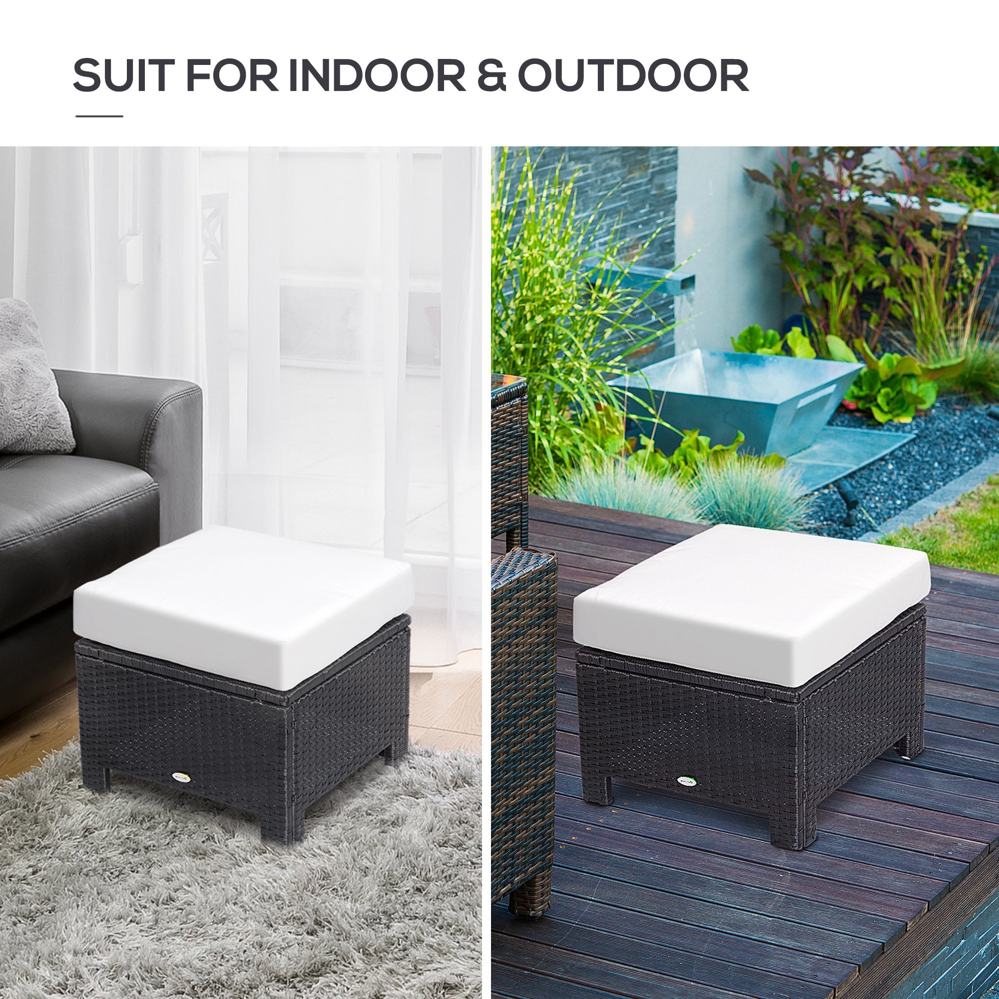Outsunny Rattan Ottoman Outdoor Wicker Footrest with Cushion Metal Frame for Garden Poolside Cream White 