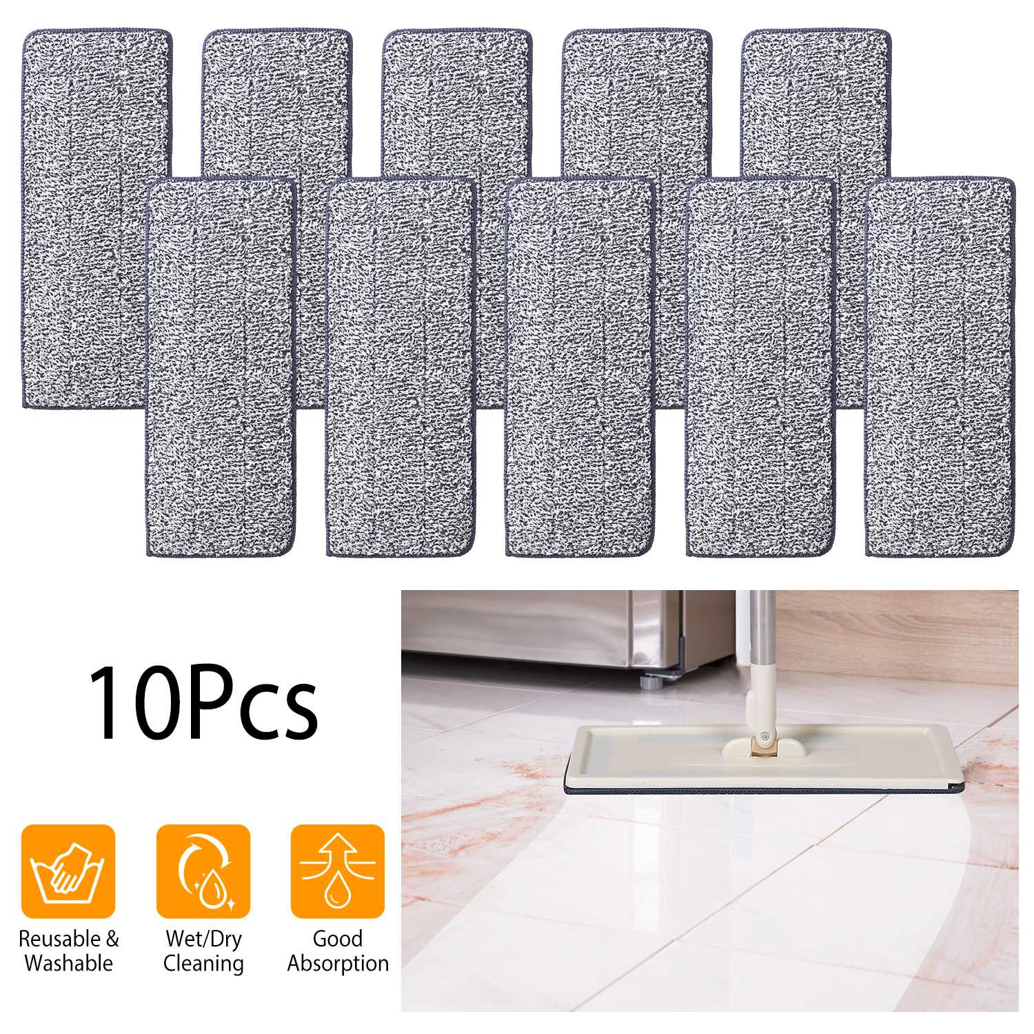 10Pcs Microfiber Mop Pads Reusable Washable Cloth Mop Flat Replacements Head 12.2x4.9in for Wet/Dry Floor Cleaning