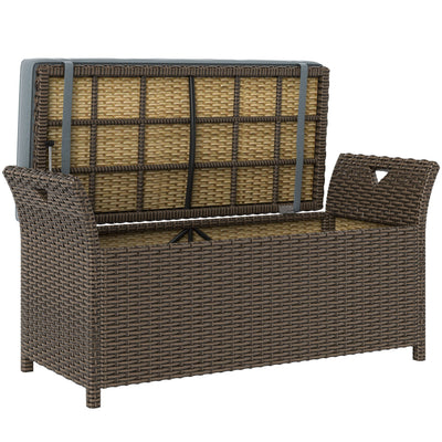 Outsunny 2-In-1 Rattan Storage Bench 27 Gallon Outdoor Wicker Furniture Box w/ Handles Cushion Dark Grey 