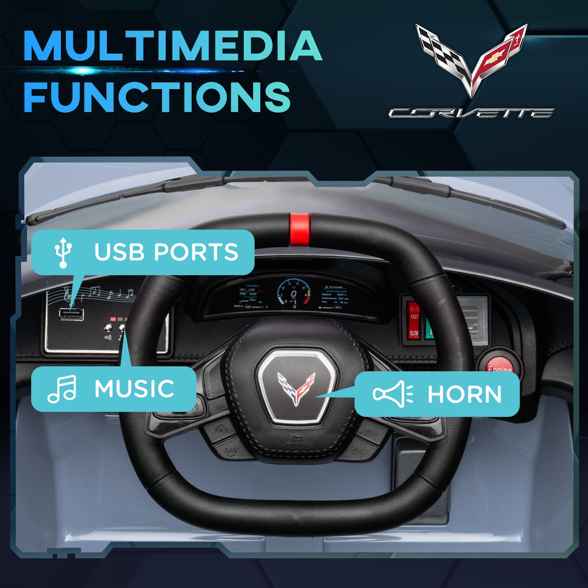 Qaba 12V Kids Electric Car Corvette Licensed Remote Control Suspension Music Headlight Slow Start Light Blue Ride On 