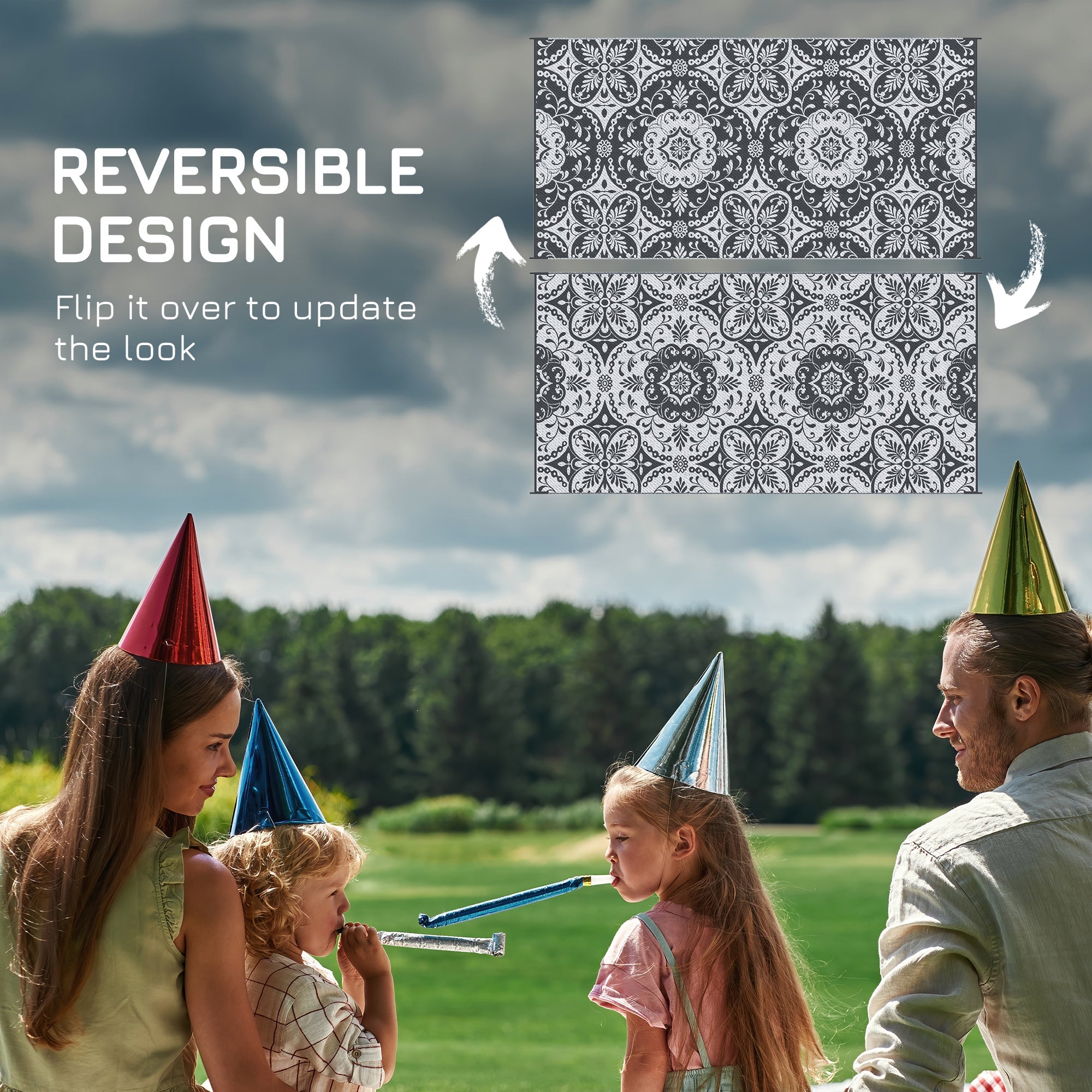 Outsunny Reversible Outdoor Mat 9x18 ft Waterproof Portable Rug with Carry Bag for RV Camping Deck Grey 