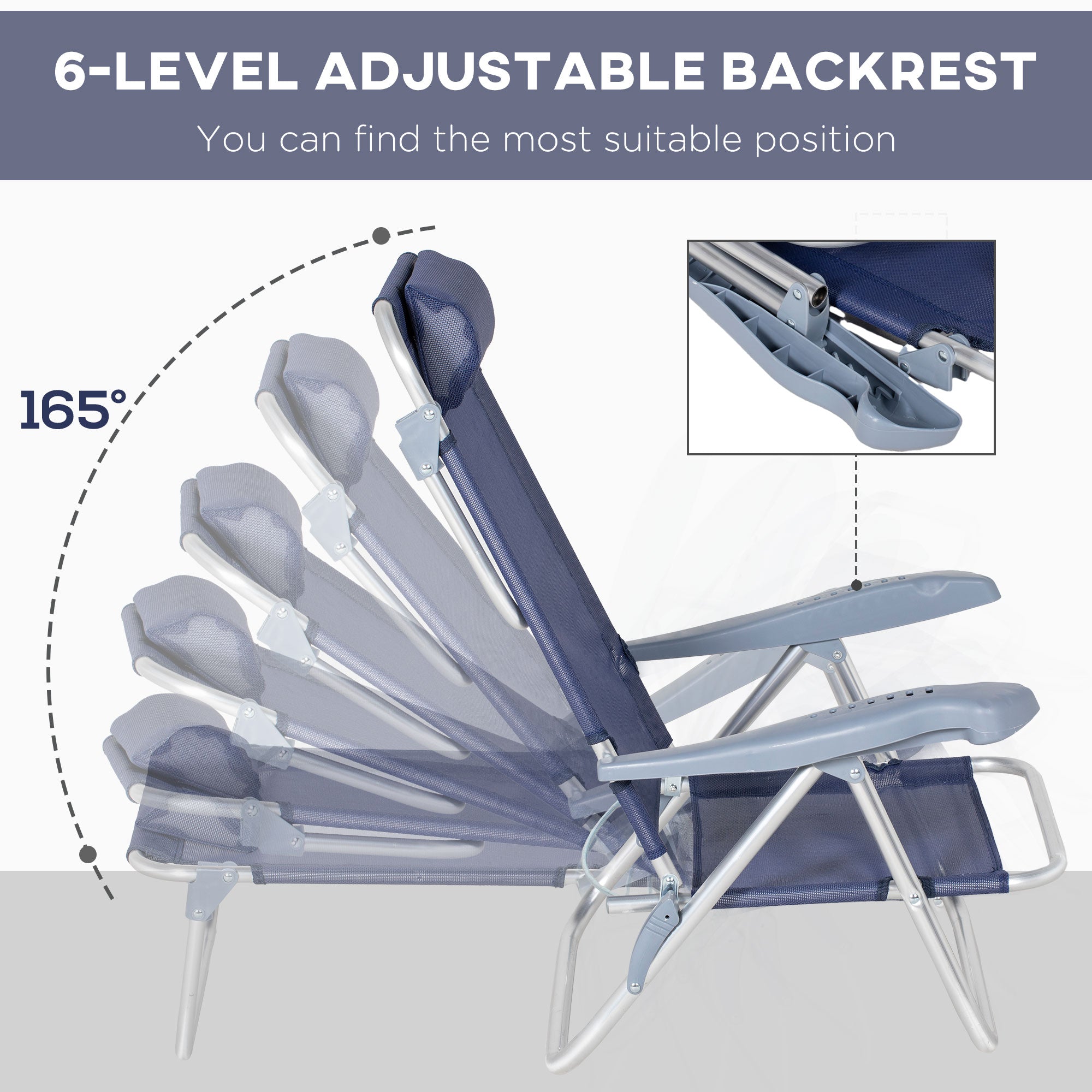 Outsunny Set of 2 Fishing Chairs, Camping Chairs with Adjustable Backrest and Headrest, Folding Chair for Outdoor, Dark Blue 